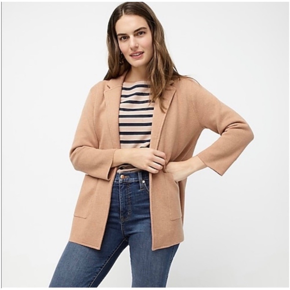 NWT‎ J.Crew Open-Front Blazer Sweater Camel Tan Merino Wool Blend 3/4 Sleeves XS